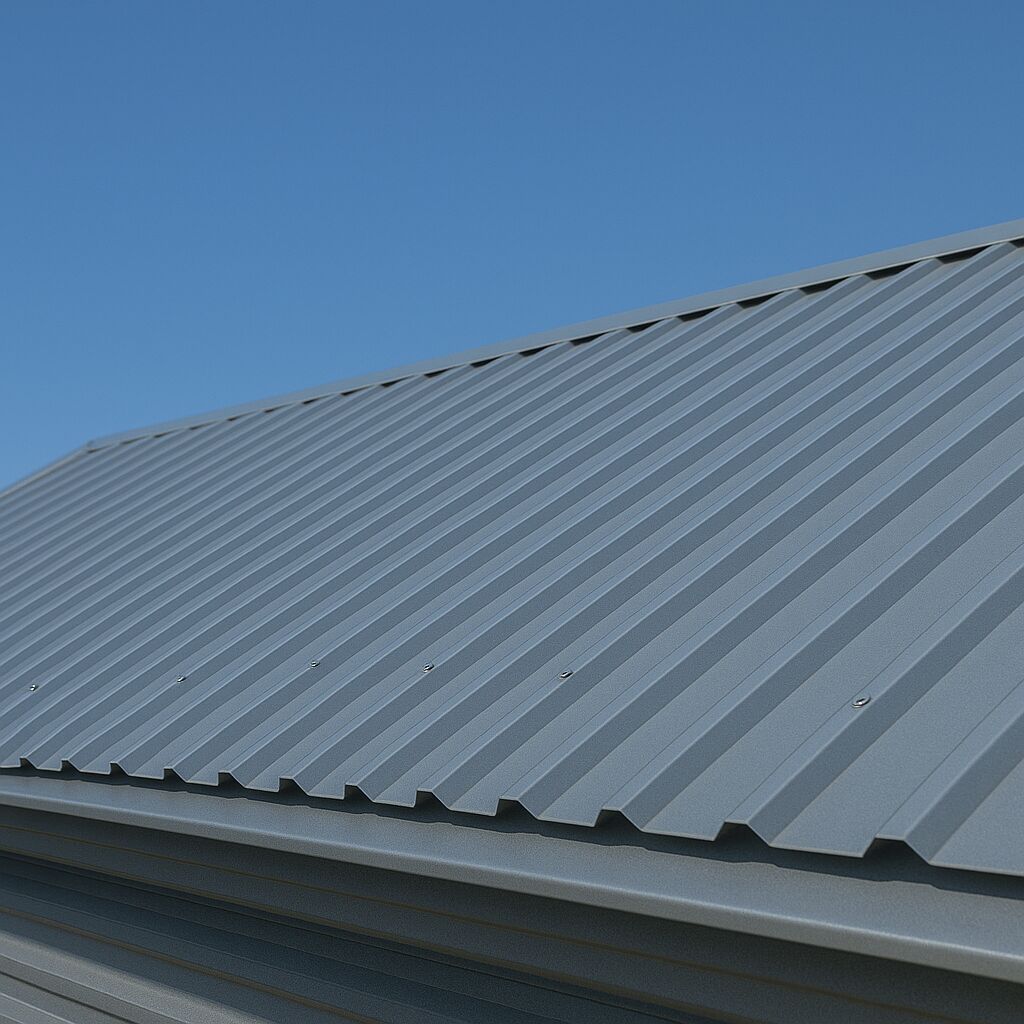 Telhado metálico cinza sob céu azul claro
