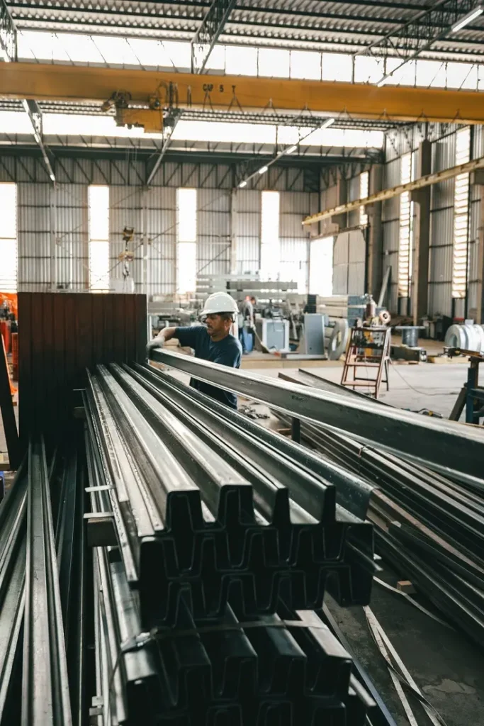 15042026 DSC07513 Funcionário organizando metal em fábrica de estruturas.