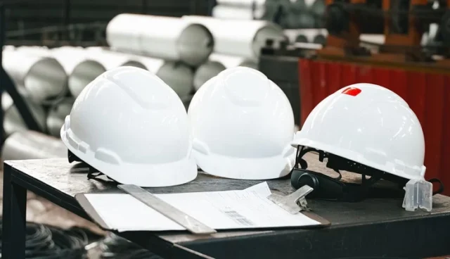 Capacetes brancos em mesa de trabalho industrial