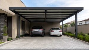 Garagem coberta com dois carros estacionados.