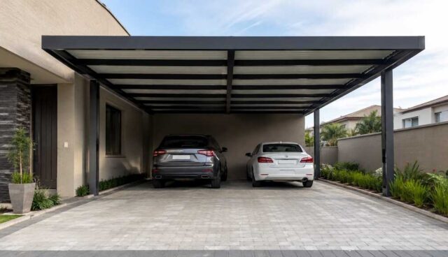 Garagem coberta com dois carros estacionados.