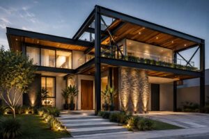 Casa moderna com estrutura metálica e jardim iluminado