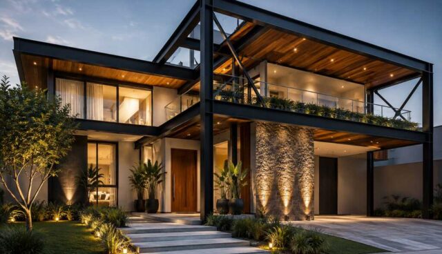Casa moderna com estrutura metálica e jardim iluminado