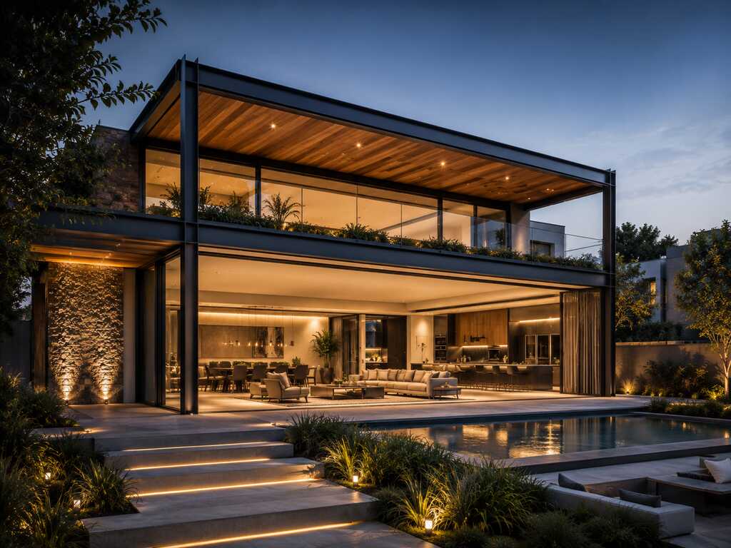 Casa moderna com piscina iluminada à noite