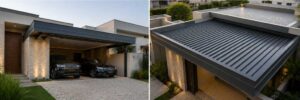 Garagem moderna com dois carros e telhado de alumínio