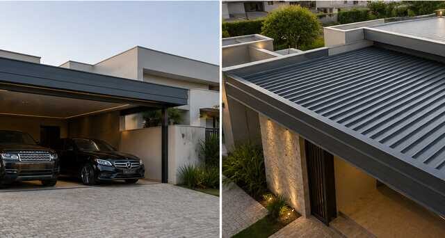 Garagem moderna com dois carros e telhado de alumínio