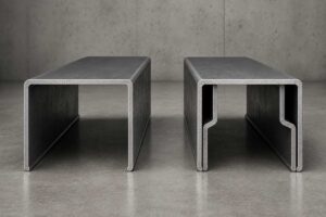 Duas mesas modernas de metal em ambiente minimalista.