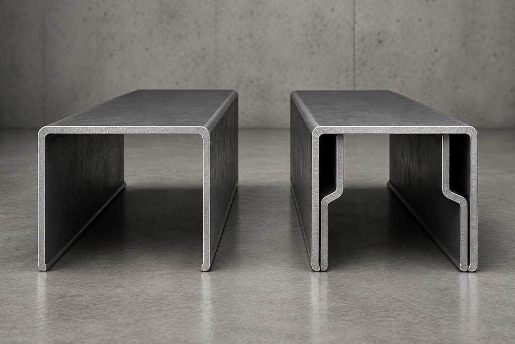 Duas mesas modernas de metal em ambiente minimalista.