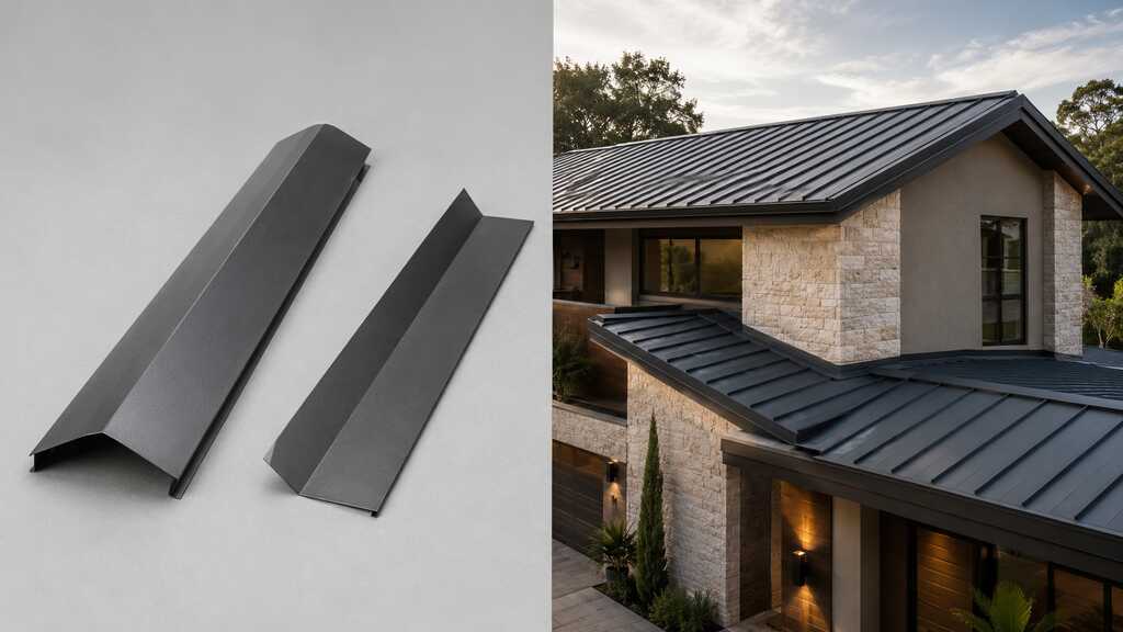 Peças de metal para telhado com casa moderna ao fundo.